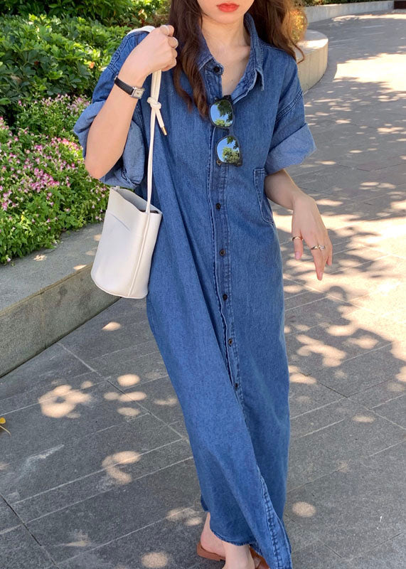 Blue Peter Pan Collar Patchwork Denim Shirts Dresses Summer