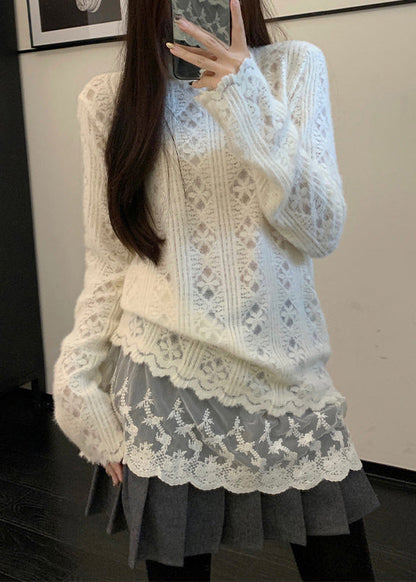 Apricot Hign Neck Lace Patchwork Knit Sweater Winter