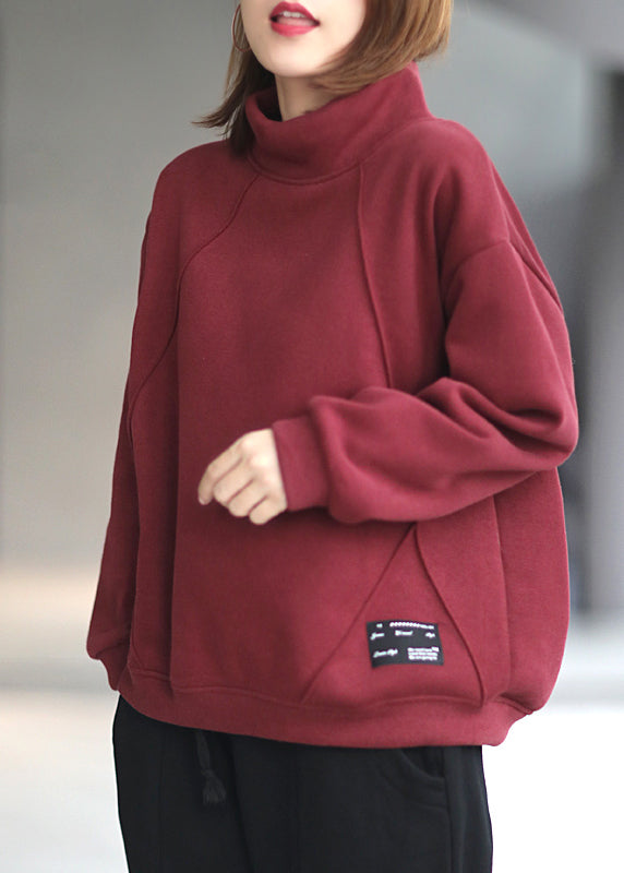 Red Hign Neck Warm Fleece Pullover Sweatshirt Top Winter
