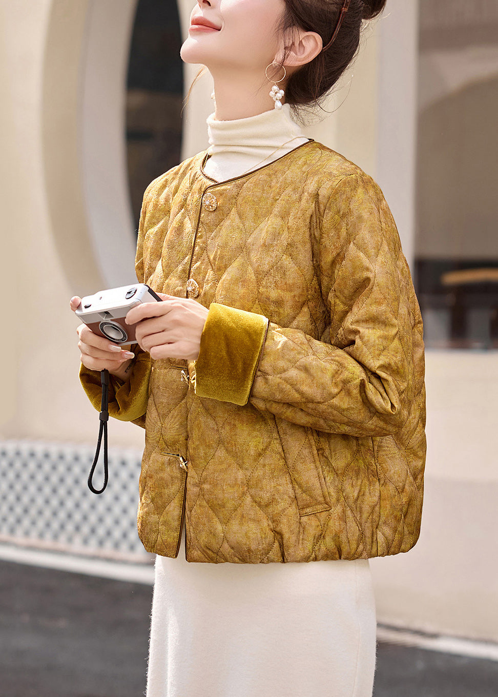 Yellow O Neck Pockets Jacquard Fine Cotton Filled Jacket Winter