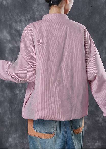 Pink Oversized Striped Fine Cotton Filled Coat Winter