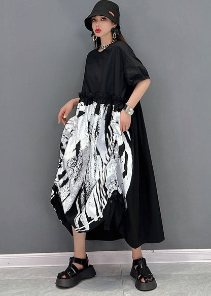 Italian Black O-neck Patchwork Print Wrinkled Cotton Long Dress Short Sleeve