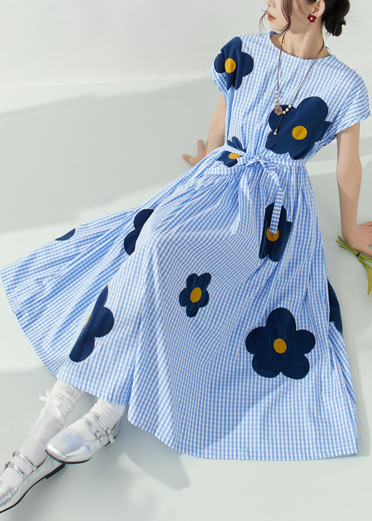 Blue O-neck Plaid Tie Waist Maxi Dresses Summer