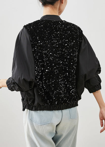 Modern Black Sequins Pocketspatchwork Cotton Jackets Fall