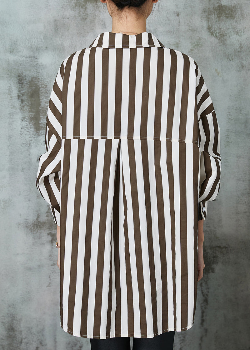 Khaki Oversized Striped Cotton Shirt Tops Spring