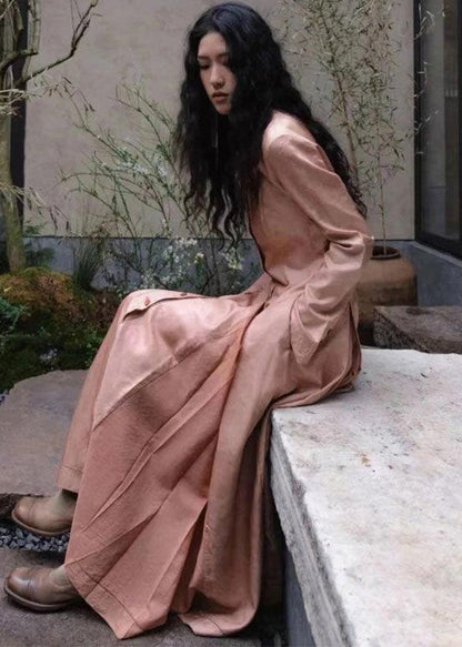 Pink Wrinkled Pockets Cotton Shirts Long Dresses Fall