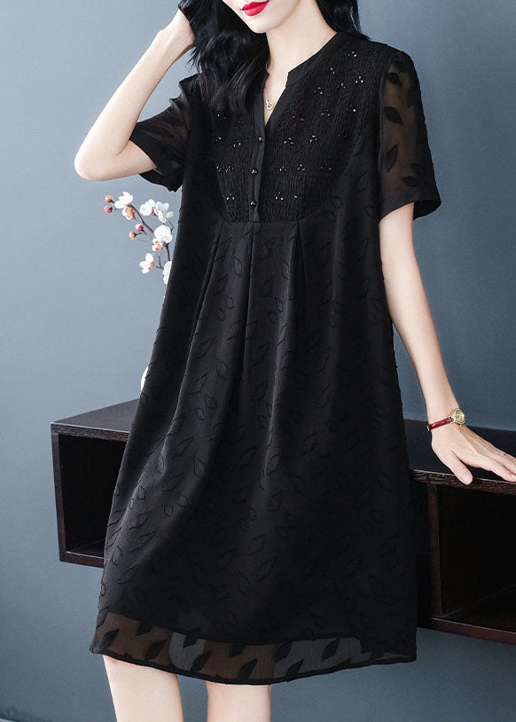 Black V Neck Wrinkled Patchwork Jacquard Chiffon Holiday Dress Short Sleeve