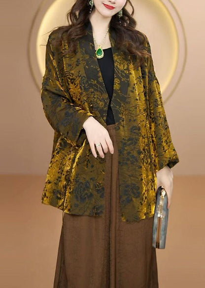 Gold V Neck Jacquard Silk Cardigan Fall