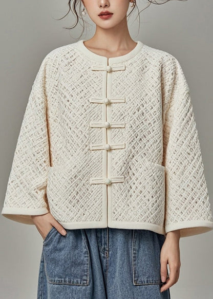 Fitted Beige O-neck Hollow Out Fall Coat