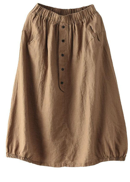 Khaki Linen Elastic Waist Button Skirt