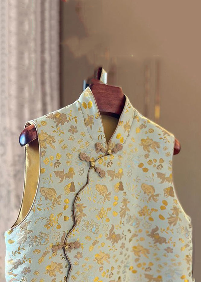 Print Stand Collar Button Cotton Waistcoat Sleeveless