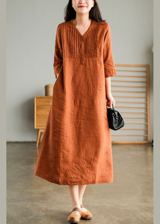Organic Orange V Neck Wrinkled Linen Party Dress Half Sleeve