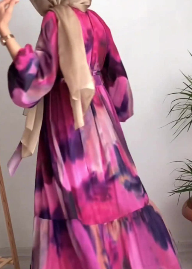 Green O Neck Print Chiffon Dresses Fall