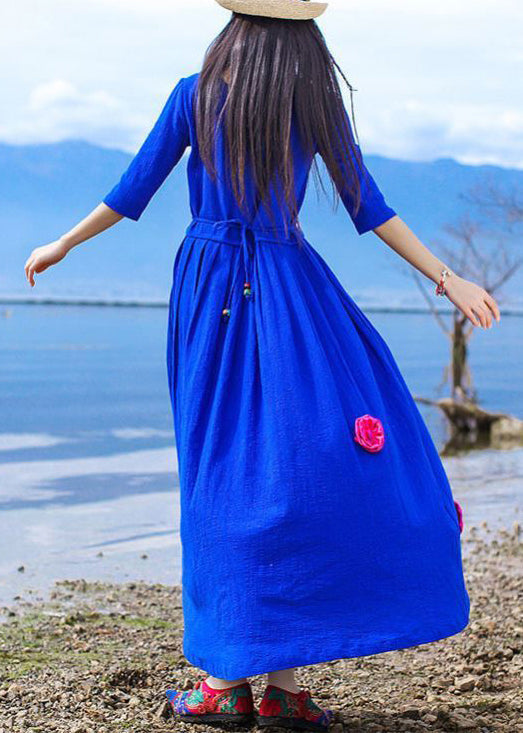 Blue Embroidered Tie Waist Cotton Long Dress Half Sleeve