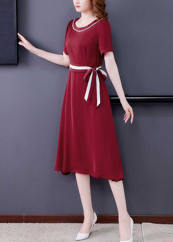Mulberry O-neck Tie Waist Exra Large Hem Silk Long Dress Short Sleeve