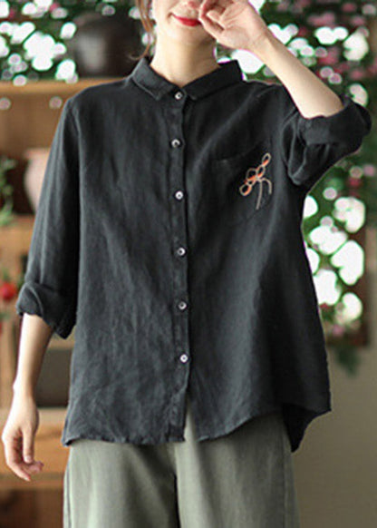 Red Peter Pan Collar Embroideried Button Linen Shirt Long Sleeve