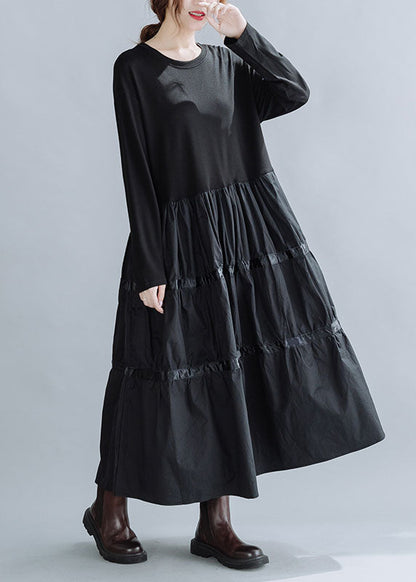 Black O-neck Patchwork Cotton Dress Spring
