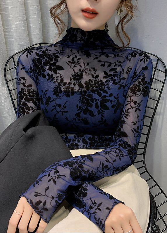 Apricot Turtleneck Embroideried Lace Tops Bottoming Shirt