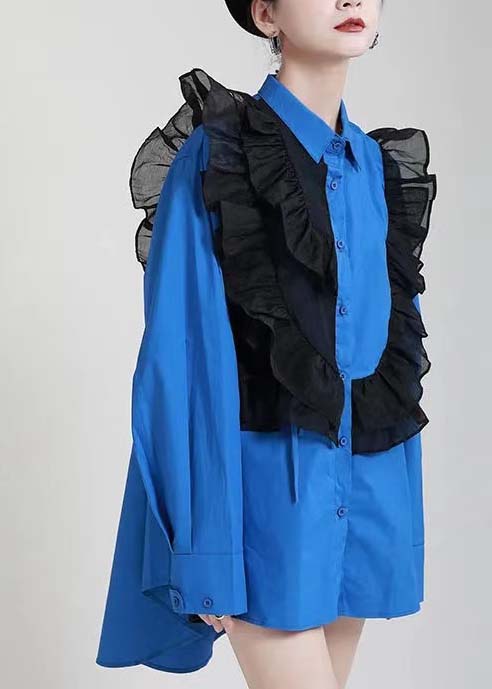 Royal Blue Ruffles Asymmetrical Shirt Dress-limited Stock