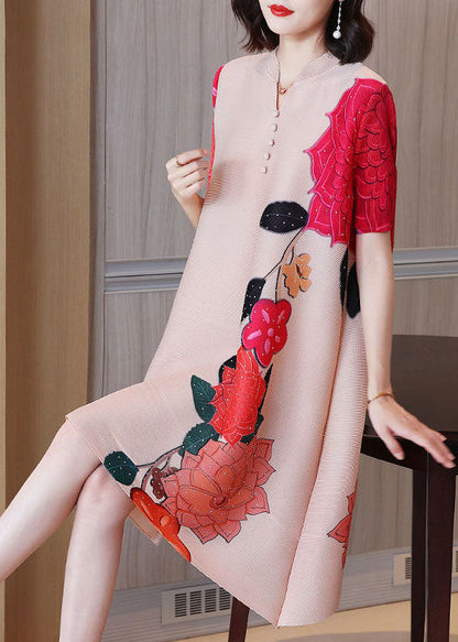 Apricot Stand Collar Wrinkled Print Silk a Line Dress Short Sleeve
