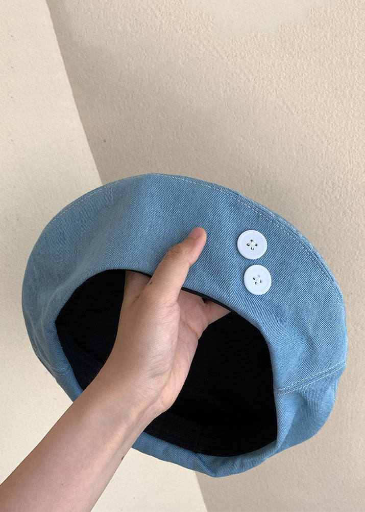 Denim Navy Patchwork Button Beret Hat