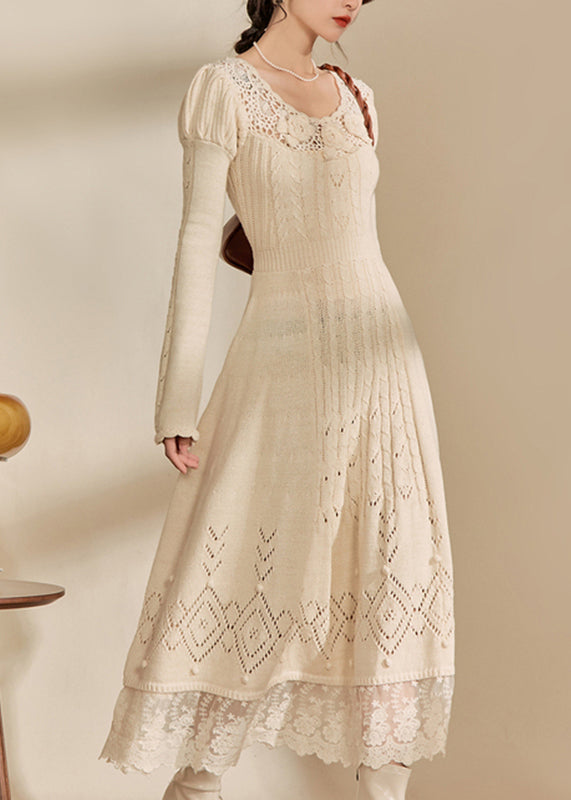 Art Apricot O-neck Patchwork Hollow Out Cotton Knit Maxi Dress Fall