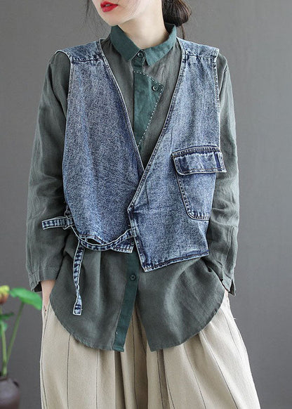 Natural Blue Pockets Tie Waist Asymmetrical Denim Vest Spring