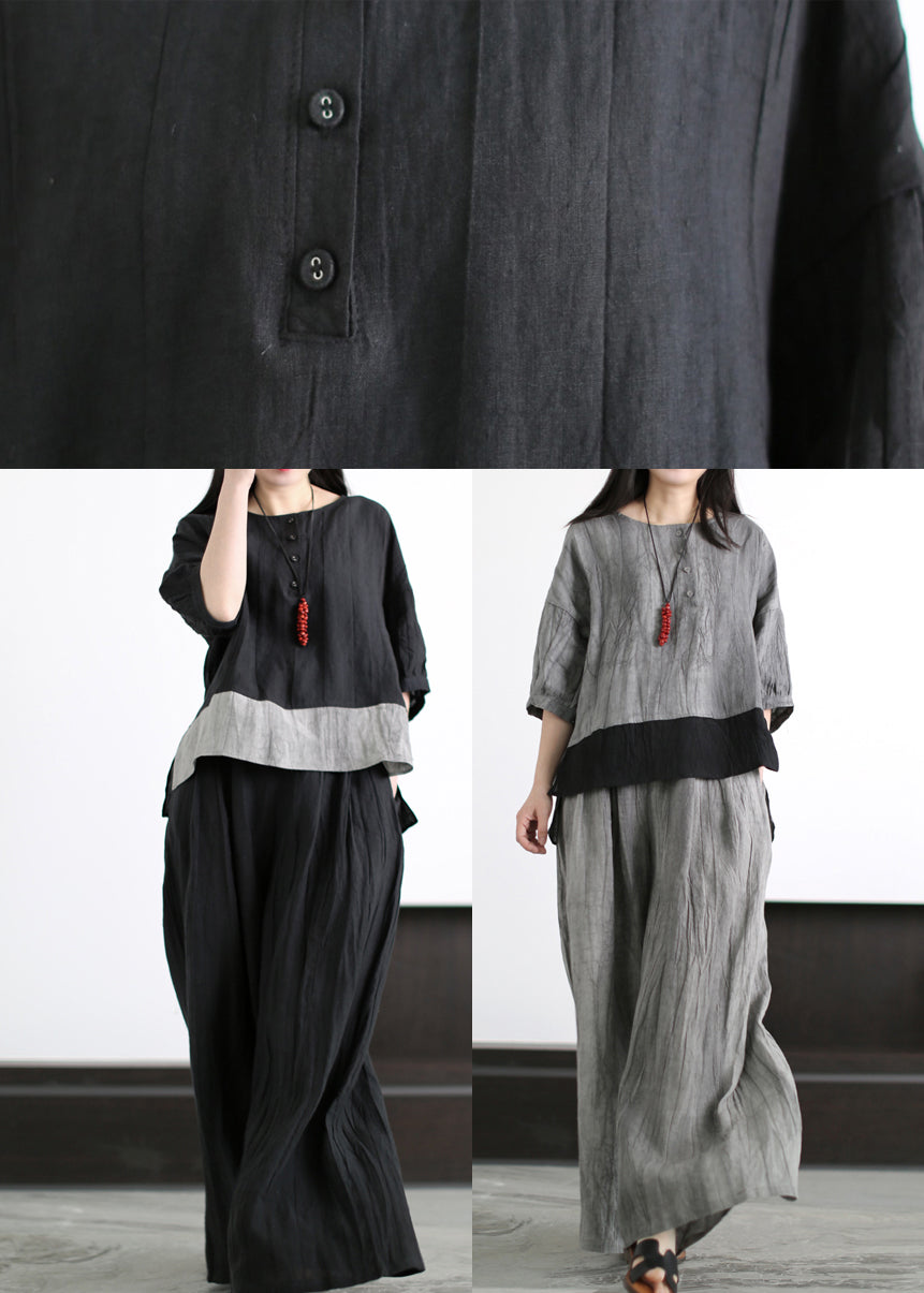 Grey O-neck Patchwork Linen Two Piece Set Outfits Half Sleeve