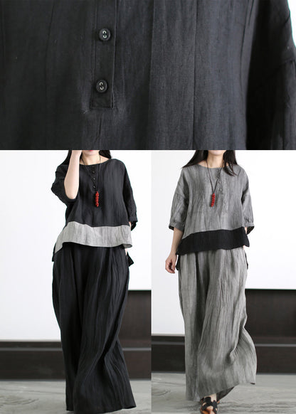 Grey O-neck Patchwork Linen Two Piece Set Outfits Half Sleeve