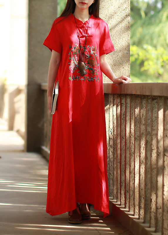Red Mandarin Collar Side Open Embroideried Long Dress Short Sleeve