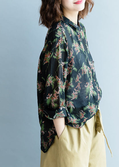 Black Peter Pan Collar Print Linen Shirt Tops Fall
