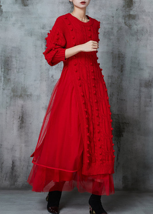 Red Fuzzy Ball Decorated Knit Dress Two Piece Suit Set Spring