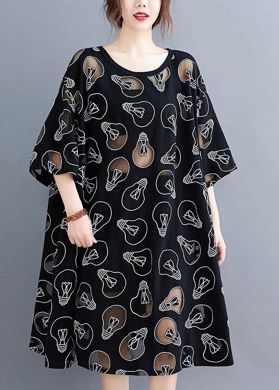 Fine Black O-neck Loose Summer Jacquard Dresses Half Sleeve