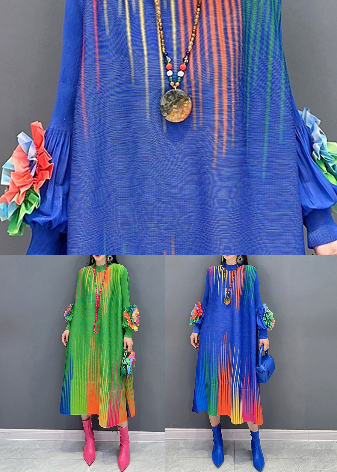 Blue Print Wrinkled Cotton Long Dresses O Neck Spring