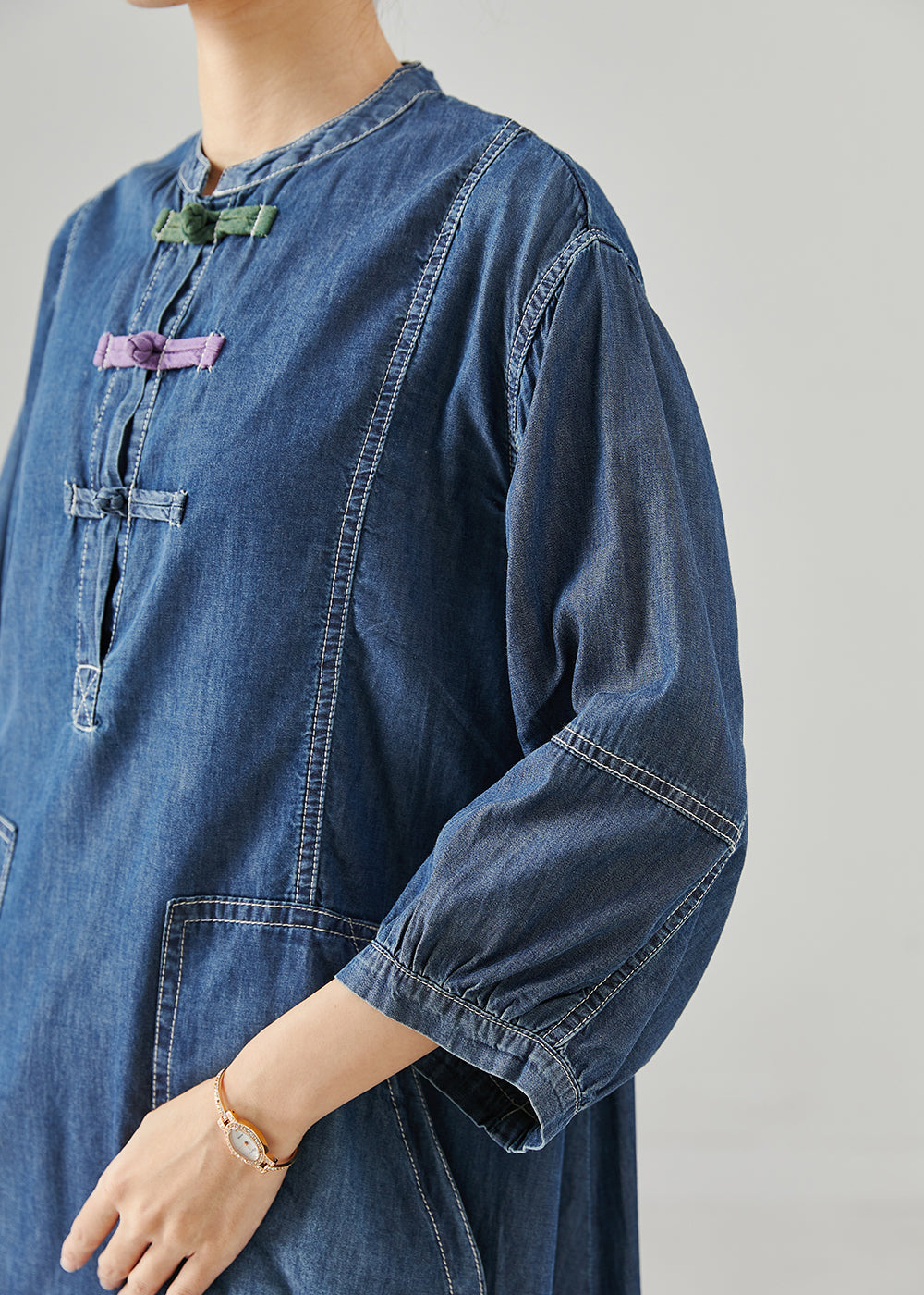 Navy Oversized Chinese Button Denim Dress Bracelet Sleeve Spring
