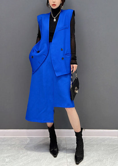 Style Blue Asymmetrical Design Spandex Vest and Skirt 2 Piece Outfit Sleeveless