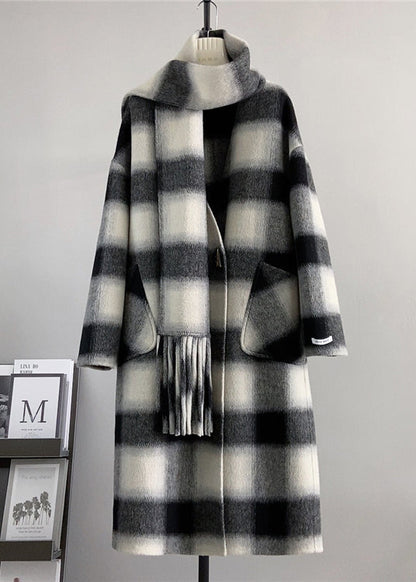 Black V Neck Pockets Plaid Wool Coats Winter