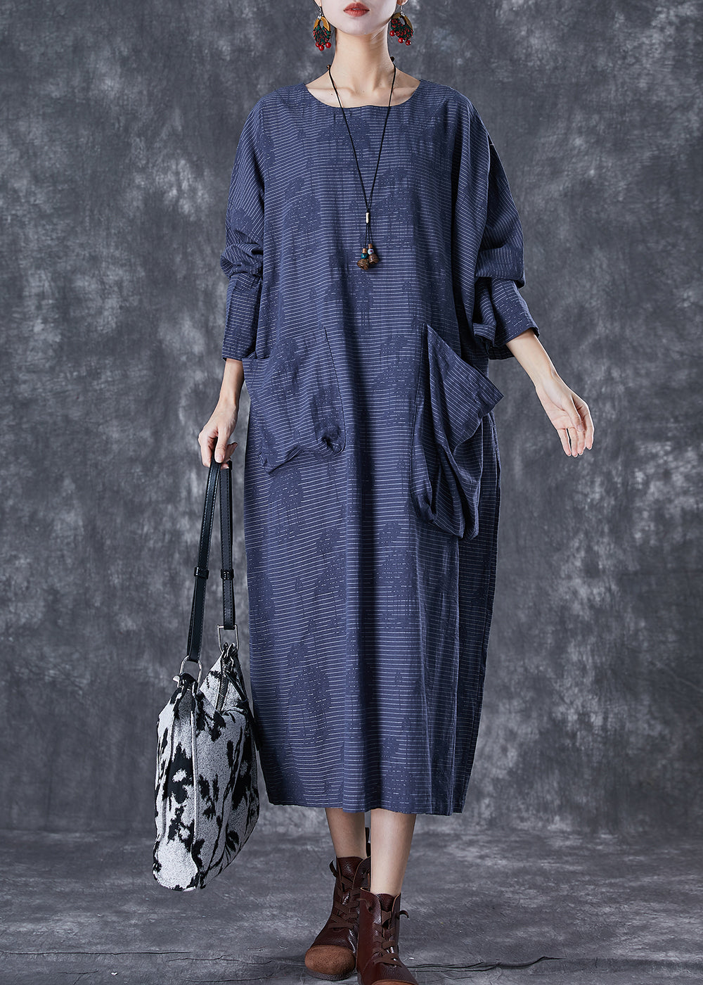 Navy Asymmetrical Pockets Striped Linen Gown Dresses Fall
