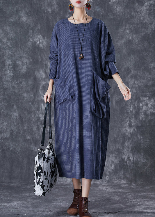 Navy Asymmetrical Pockets Striped Linen Gown Dresses Fall
