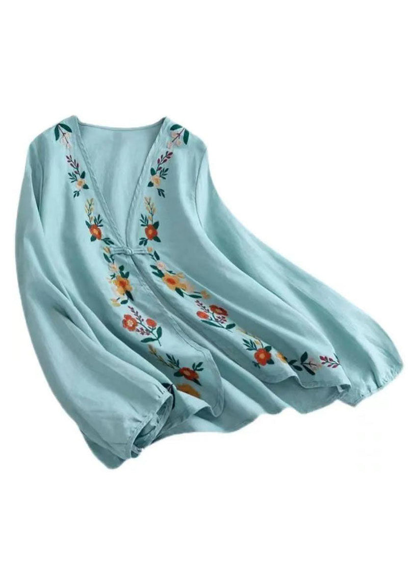 Carmine Embroideried Button Patchwork Linen Coats Summer