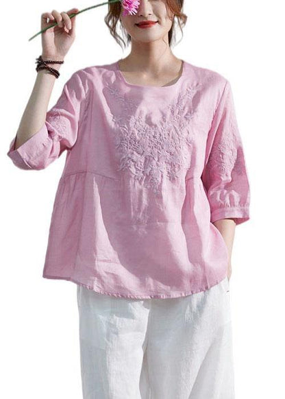 Art Pink O-neck Embroideried Patchwork Summer Ramie Shirt Top Half Sleeve