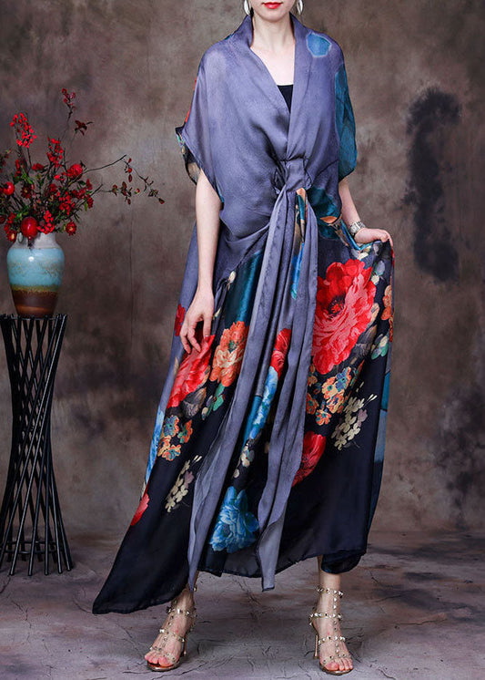 Fitted Grey V Neck Asymmetrical Print Silk Maxi Dresses Two Piece Set Clothing Short Sleeve