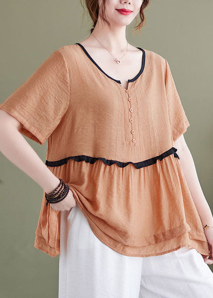 Orange O-neck Patchwork Linen Tops and Wide Leg Pants Two Pieces Set Summer
