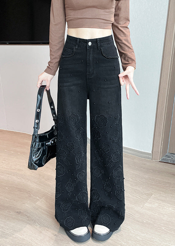Black Embroidered Nail Bead Denim Bell-bottom Trousers Fall