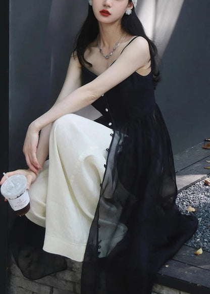 New Black Button Spaghetti Strap Dress and White Pants Silk 2 Piece Sleeveless