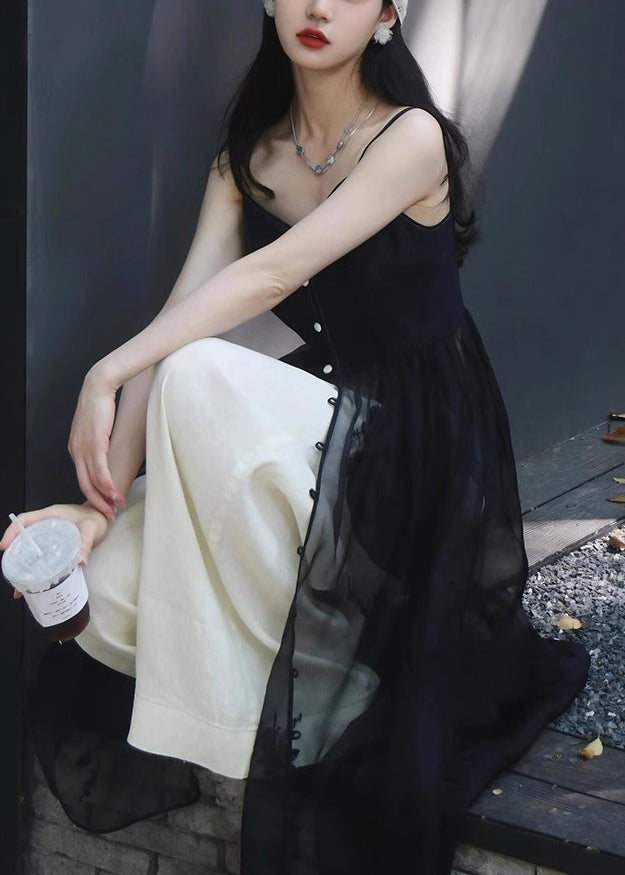 New Black Button Spaghetti Strap Dress and White Pants Silk 2 Piece Sleeveless