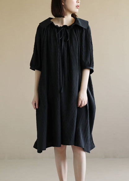 Baggy Black Peter Pan Collar Wrinkled Lace Up Maxi Dresses Short Sleeve