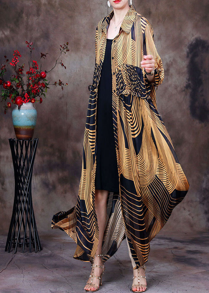 Yellow Peter Pan Collar Wrinkled Striped Print Chiffon Long Shirt Half Sleeve