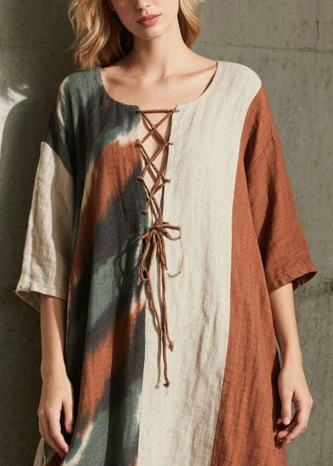 Colorblock Cross Strap Patchwork Cotton Dress Half Sleeve