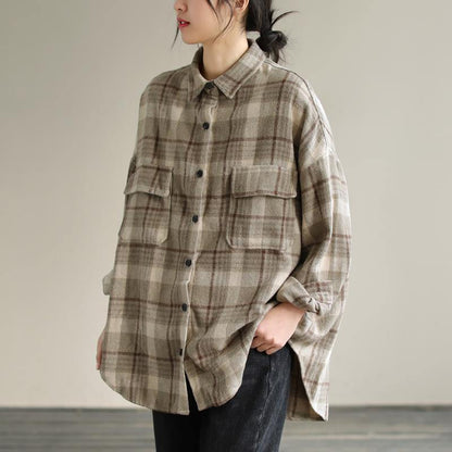 Lapel Patchwork Spring Tunic Pattern Design Khaik Plaid Shirt